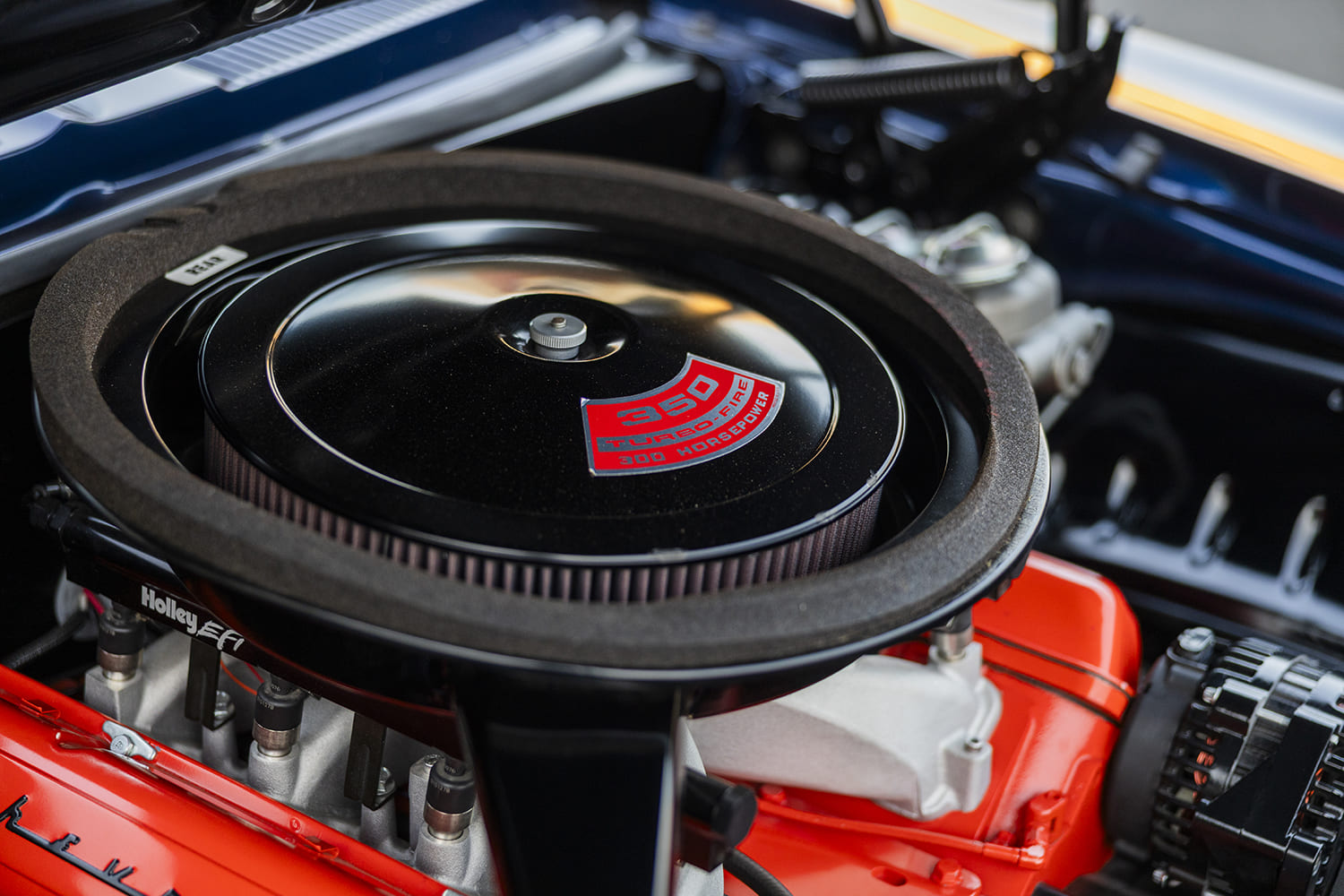 011 1969 Chevy Camaro engine bay 350 Turbo Fire 300 HP air cleaner Holley EFI