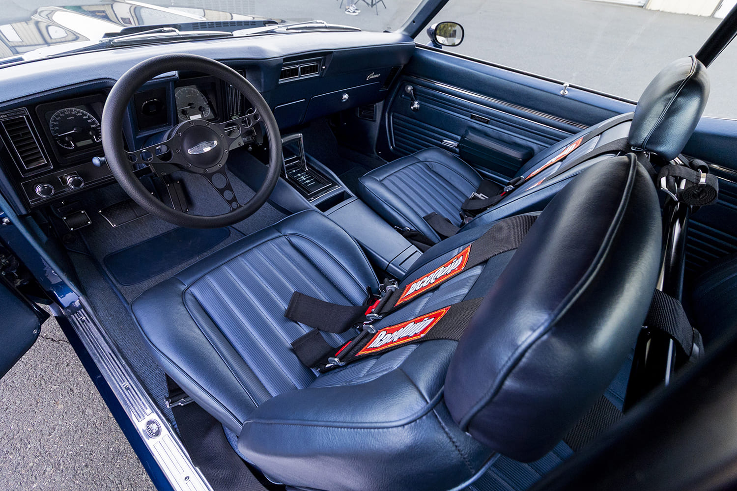 012 1969 Chevy Camaro blue interior Procar seats RaceQuip harnesses modern gauges
