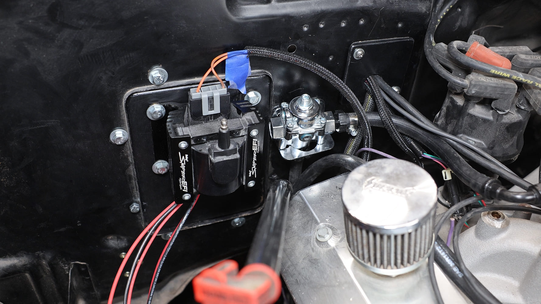 012 Dual Holley Sniper EFI HyperSpark ignition coils mounted on inner firewall plate