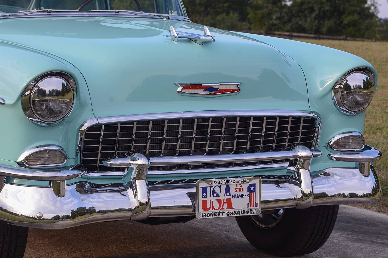 013 1955 Chevy Bel Air front grille chrome bumper hood emblem USA plate