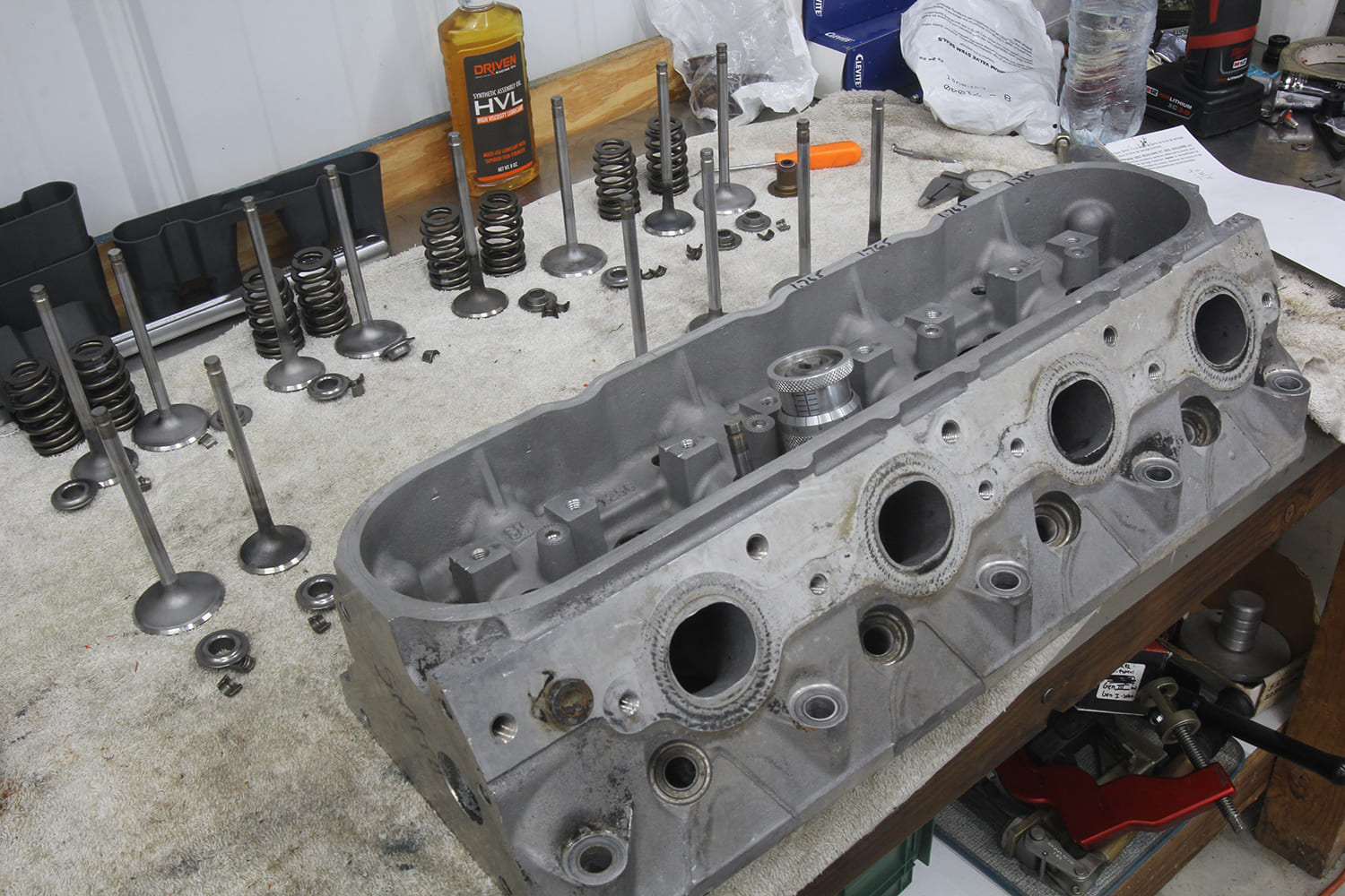 013 LS cylinder head disassembled valves and springs laid out