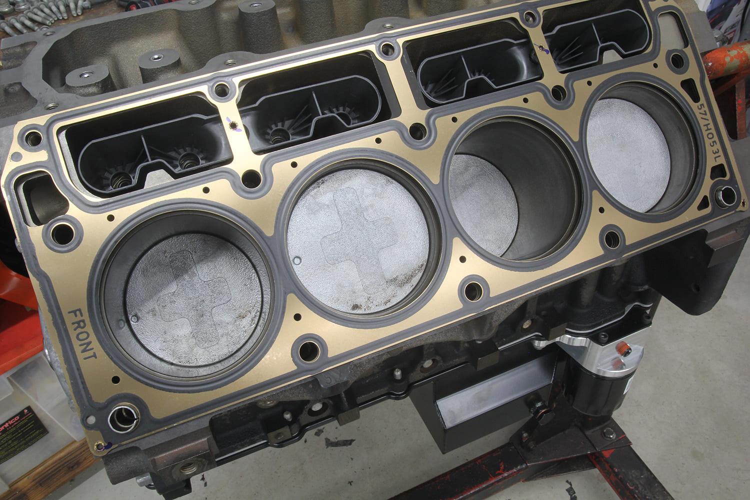 014 LS block with head gasket and pistons visible lifter valley plugs in place
