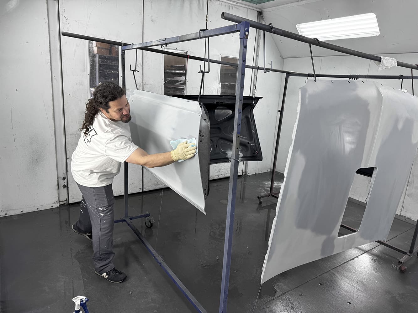 014 Wiping down 1963 Chevy Nova panels in paint booth prep