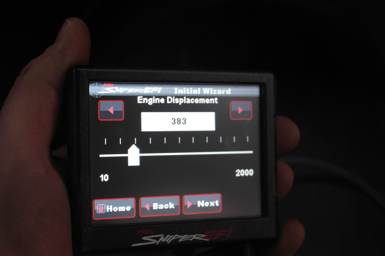 015 Sniper EFI touchscreen initial wizard showing 383ci engine displacement configuration