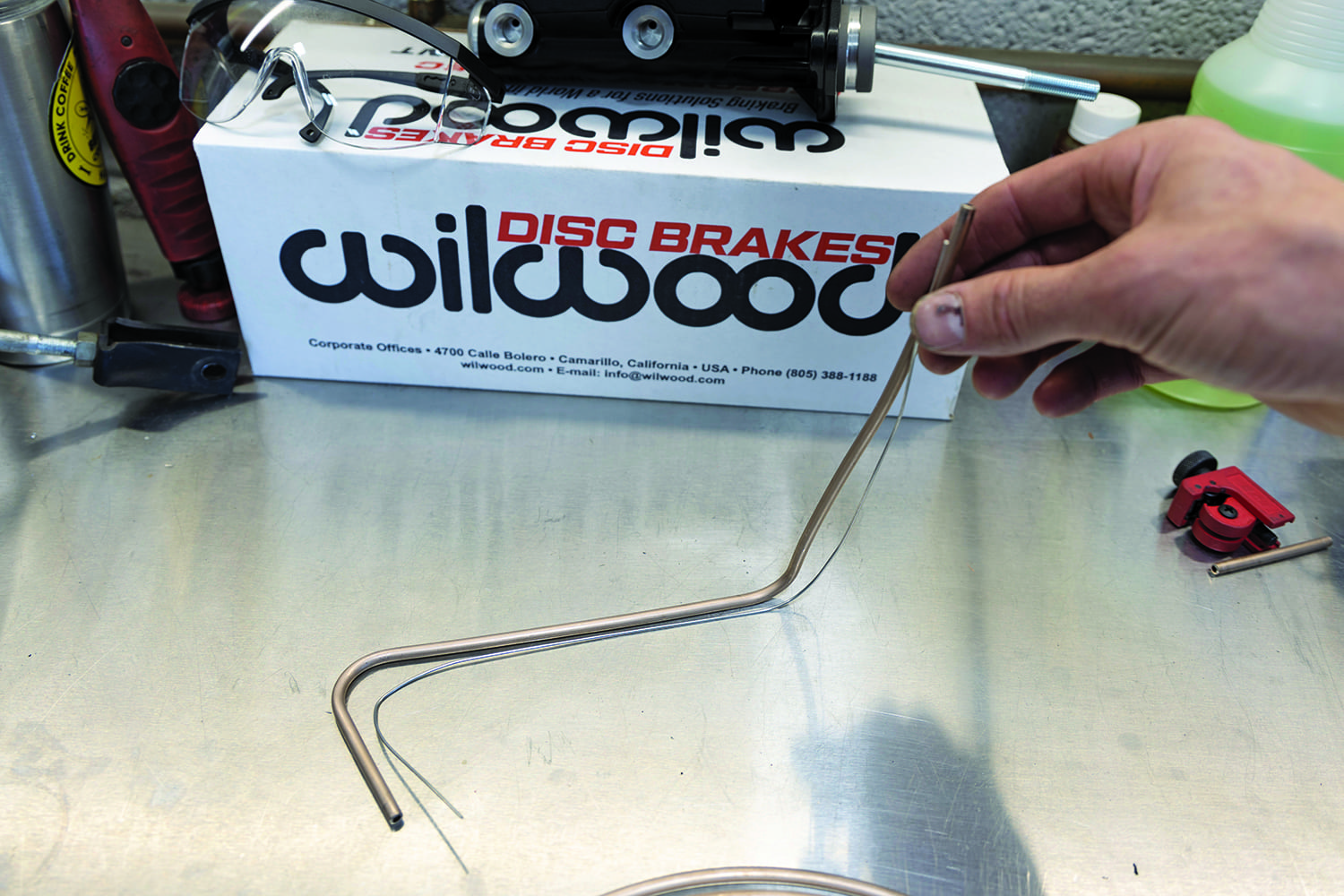 016 Pre bent brake line sections during install Wilwood box visible