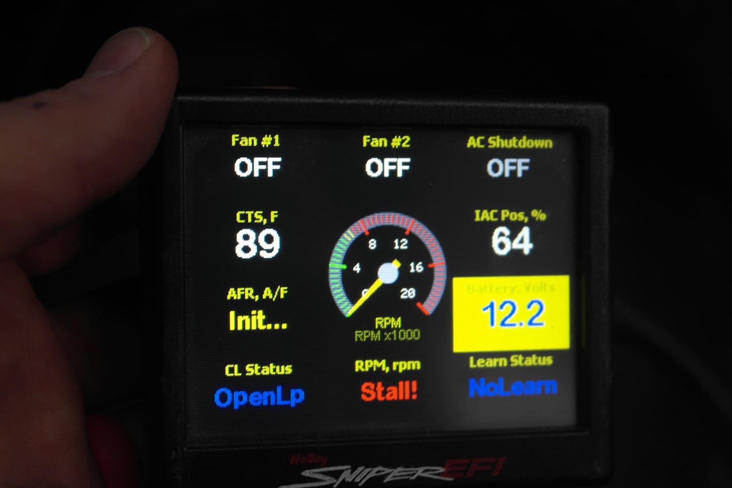 016 Sniper EFI display shows RPM stall warning voltage temps and learn mode inactive