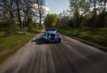 02 1932 Ford Roadster rolling shot blue paint black top fendered hot rod