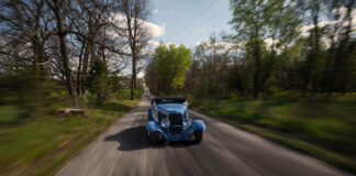 02 1932 Ford Roadster rolling shot blue paint black top fendered hot rod