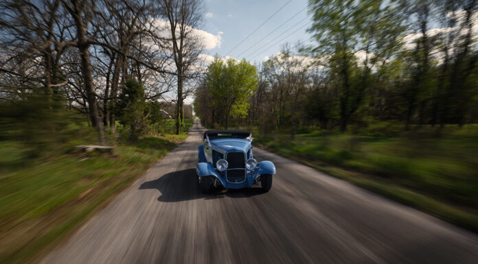 02 1932 Ford Roadster rolling shot blue paint black top fendered hot rod