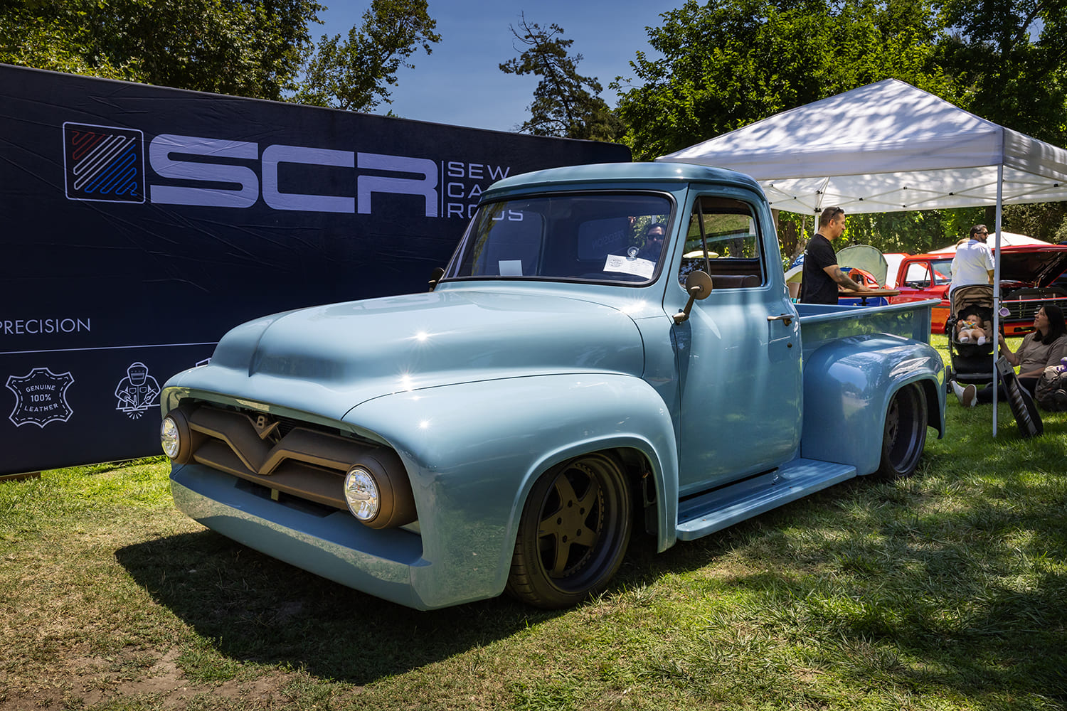 02 1954 Ford F 100 restomod pastel blue slammed stance custom grille modern wheels