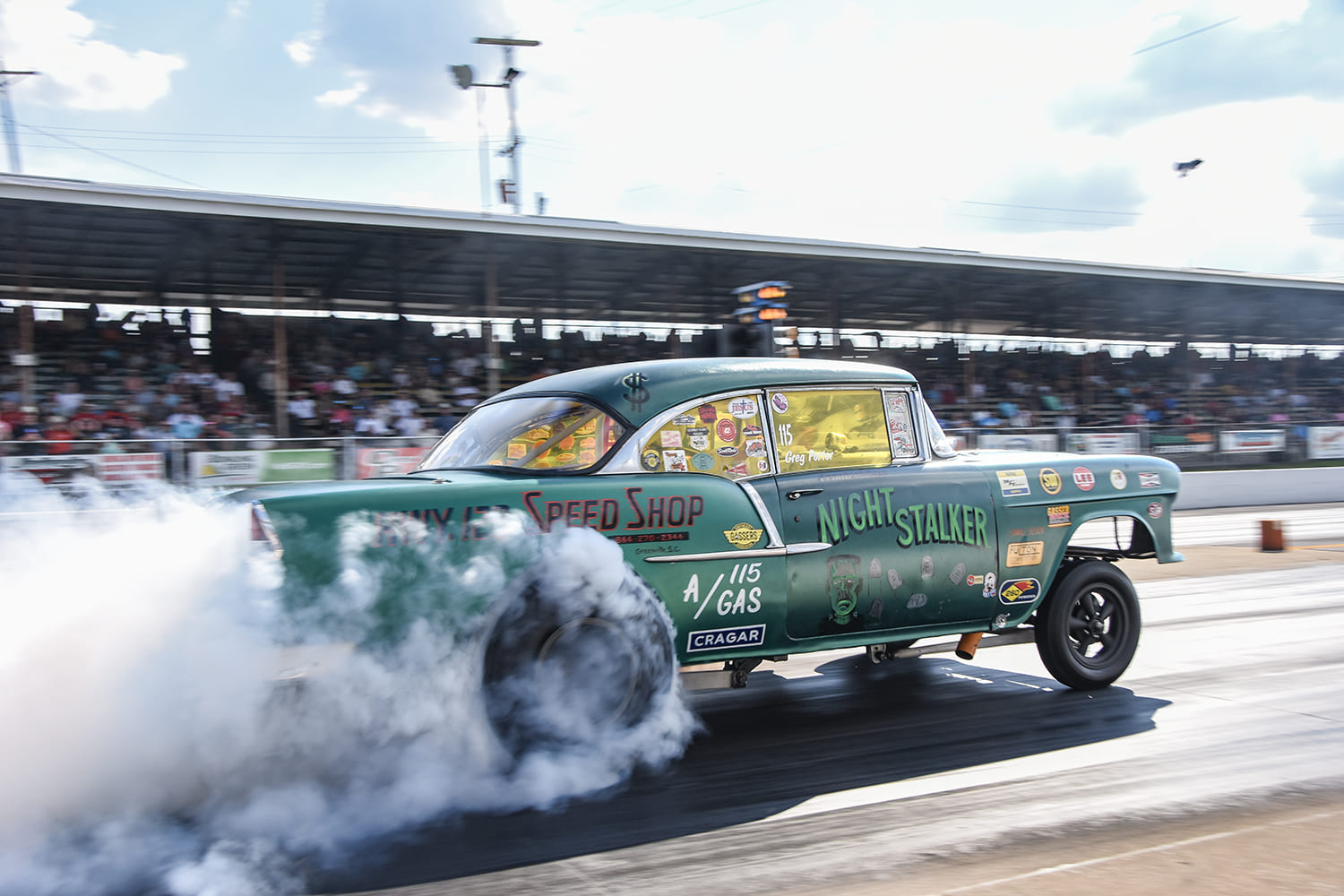 02 1955 Chevy Bel Air gasser “Night Stalker” green burnout yellow tint windows race ready