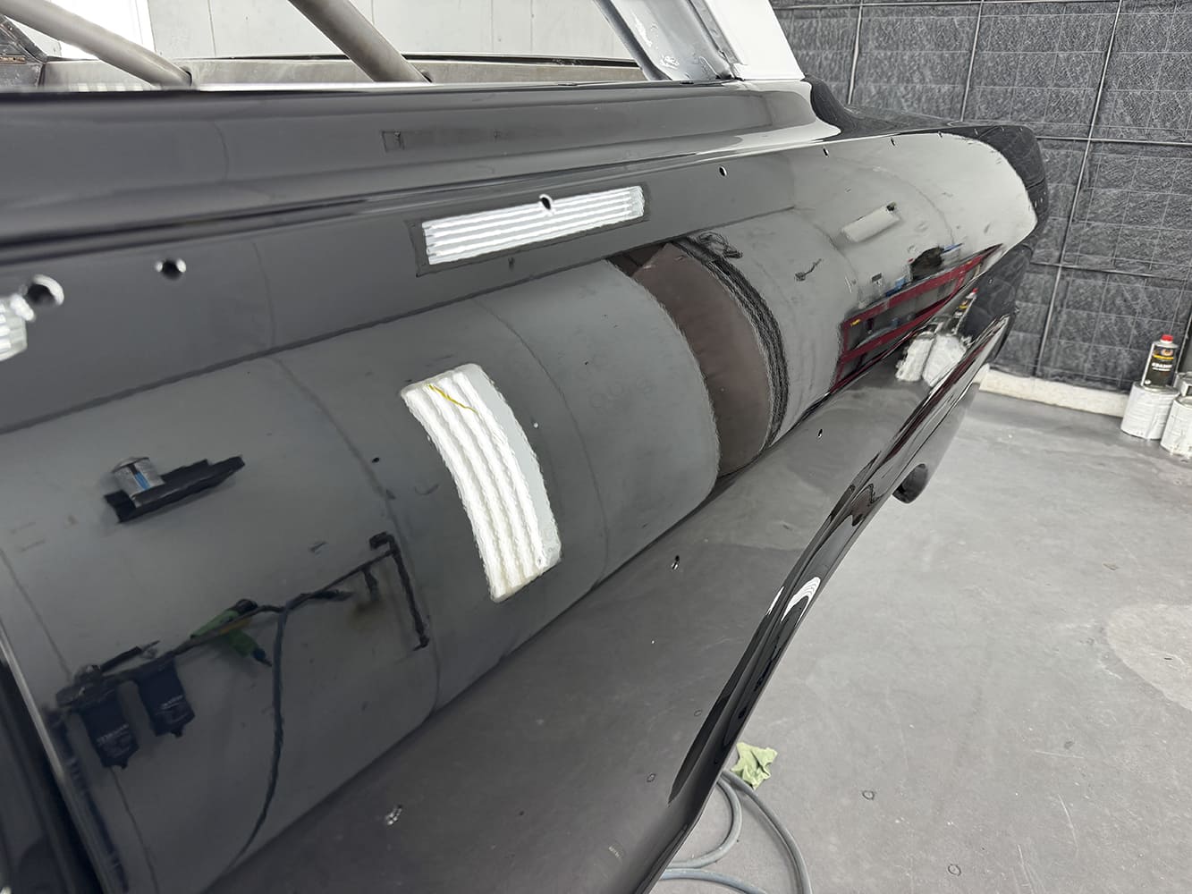 022 Fresh black paint on 1963 Chevy Nova quarter panel mirror reflection