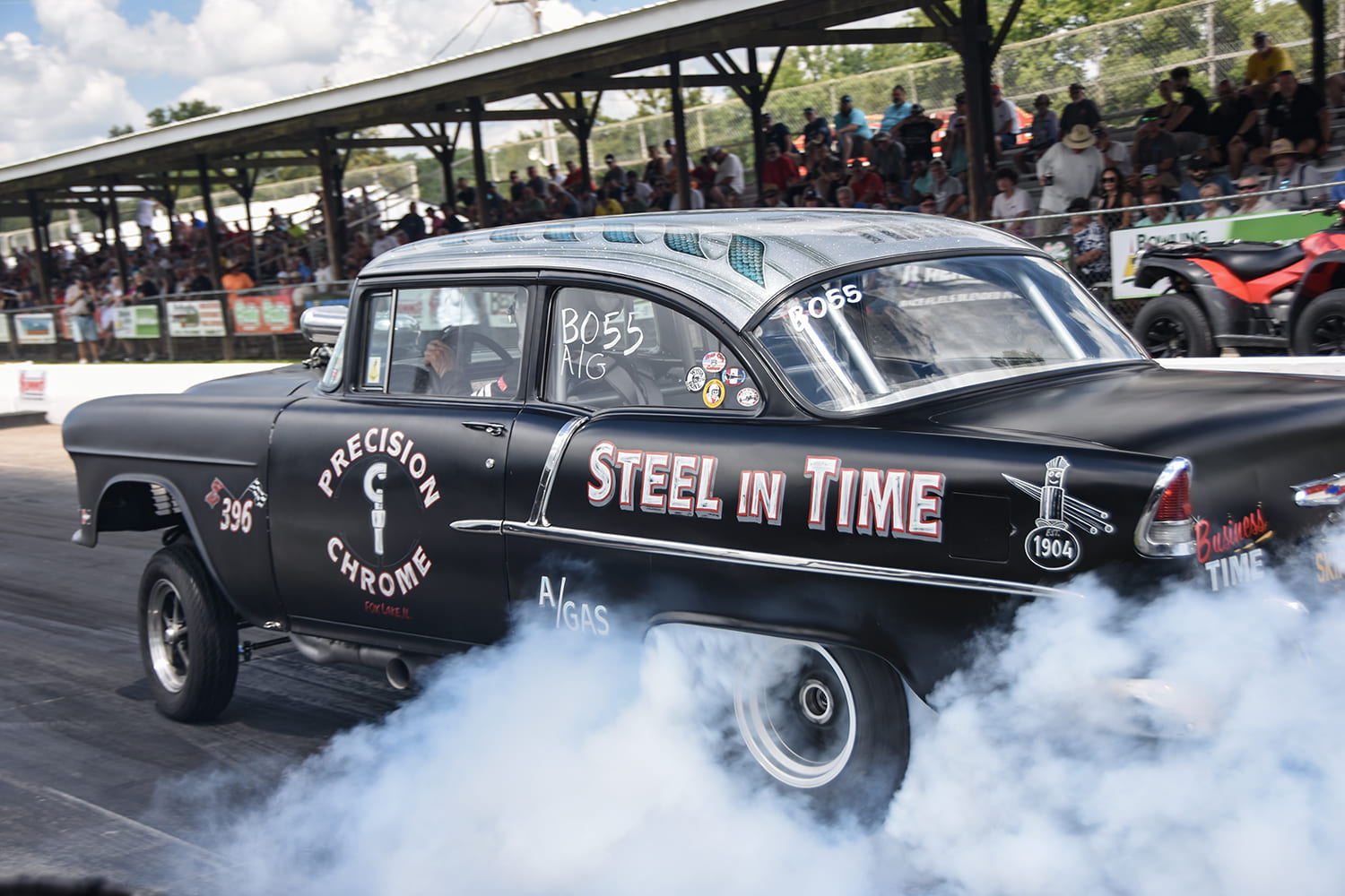 03 1955 Chevy Bel Air gasser “Steel in Time” matte black hard launch heavy tire smoke