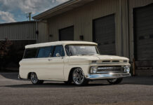 Justin Padfield’s 1966 GMC Suburban 03 1966 Chevrolet Suburban three quarter profile with custom wheels lowered suspension and clean body panels