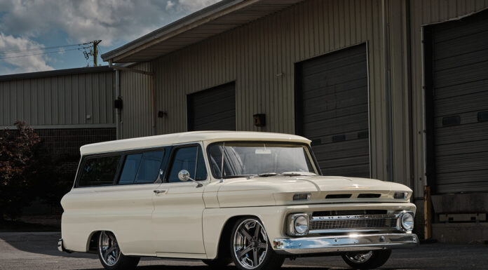 Justin Padfield’s 1966 GMC Suburban 03 1966 Chevrolet Suburban three quarter profile with custom wheels lowered suspension and clean body panels