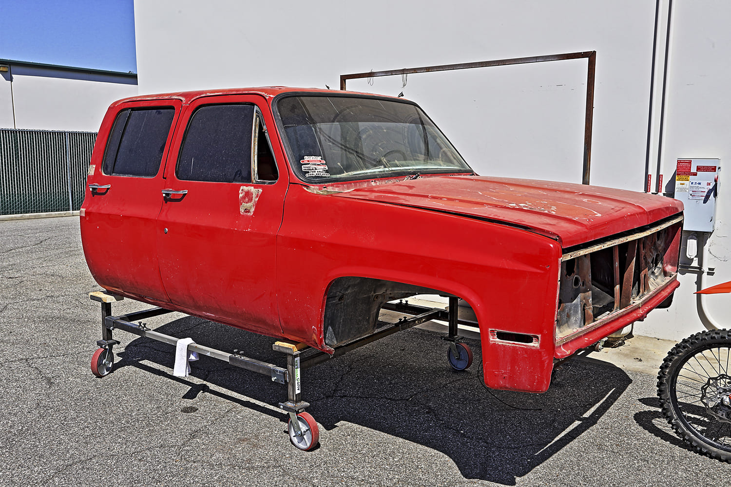03 1985 chevy squarebody crew cab red cab shell on dolly stripped for full restoration