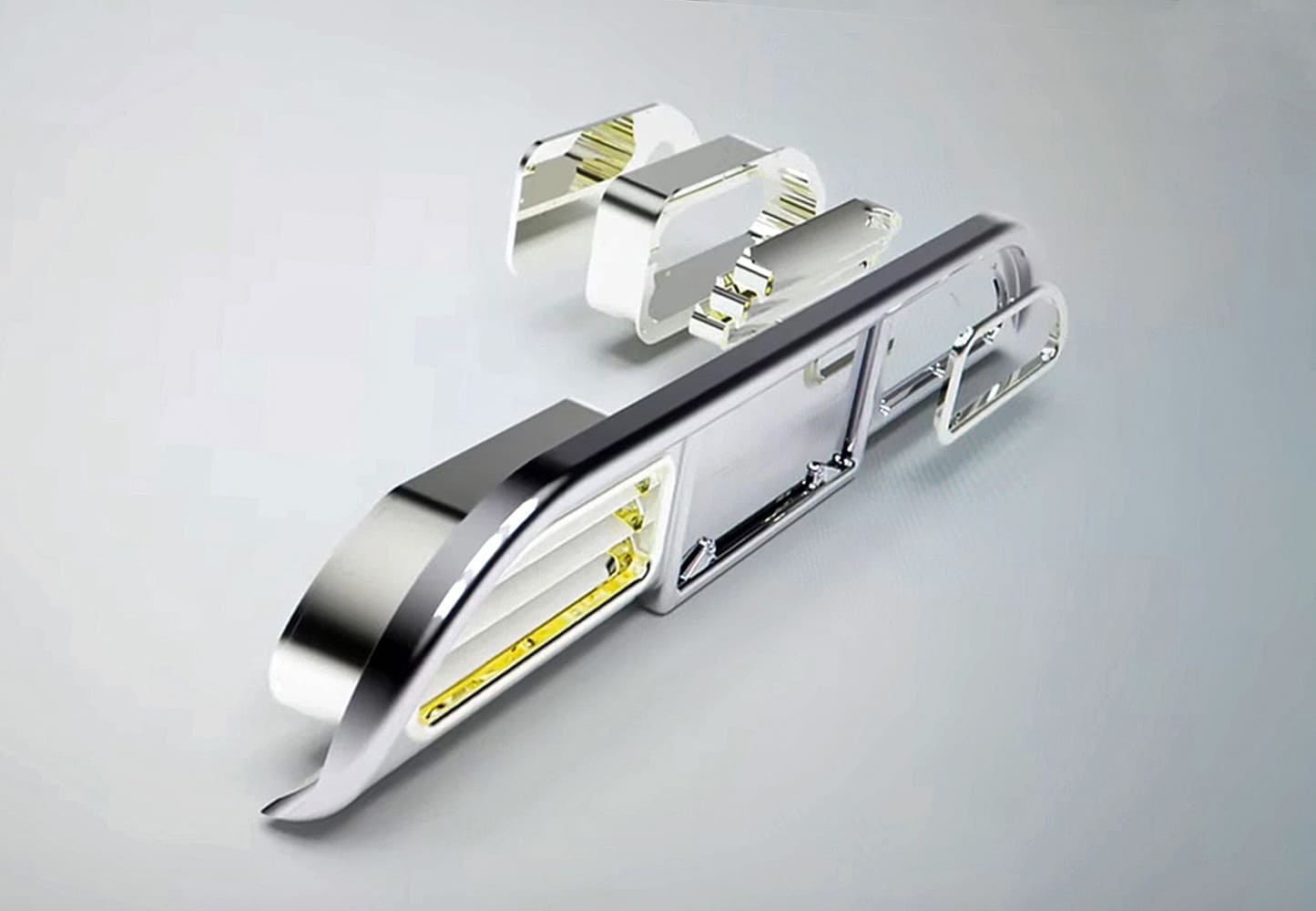 03 Divco custom exploded CAD render of billet rear license panel with integrated vent and LED lighting