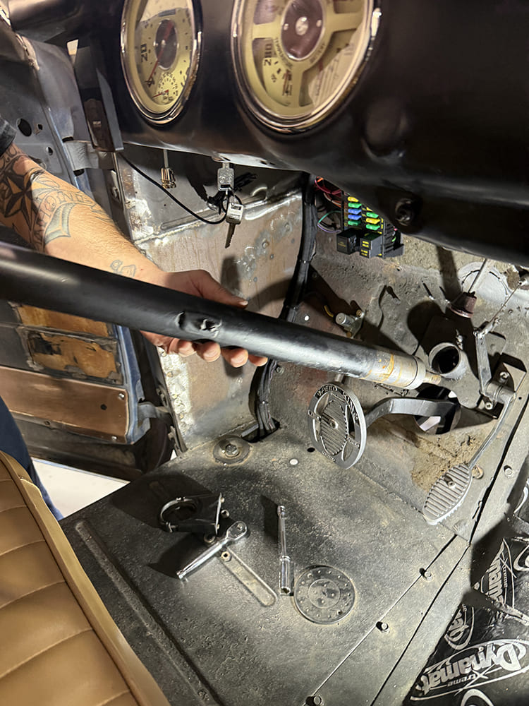 05 1948 Chevy truck extracting factory column prepping for Flaming River install