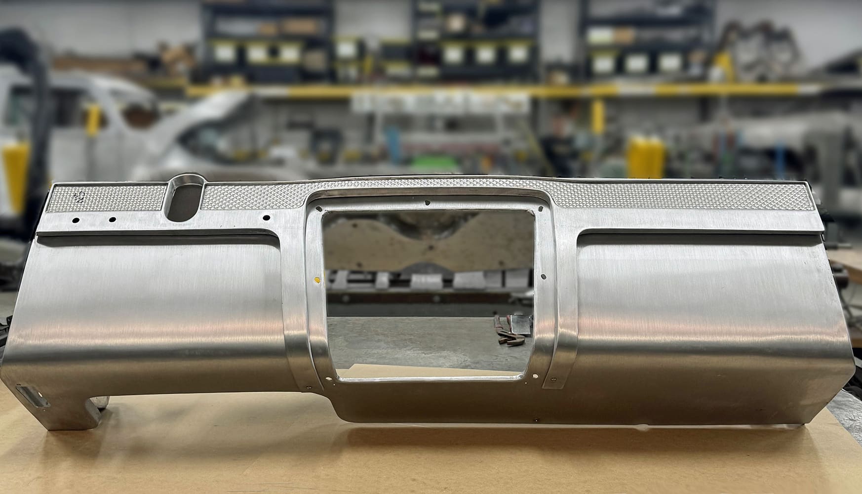 05 Divco custom raw aluminum dash with machined insert and symmetrical gauge cluster recess