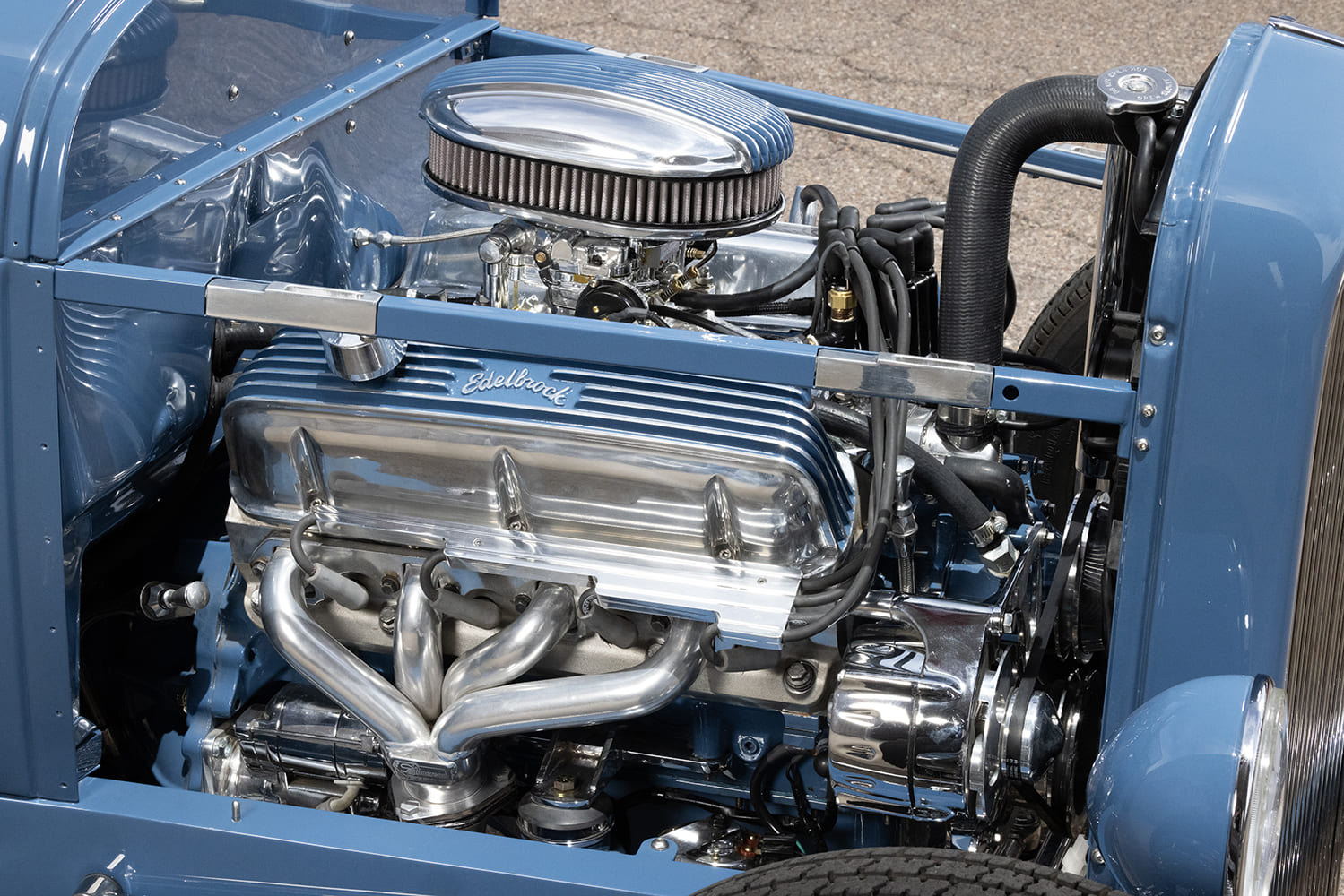 06 1929 Ford Roadster Edelbrock equipped V8 with polished valve covers and Sanderson style headers
