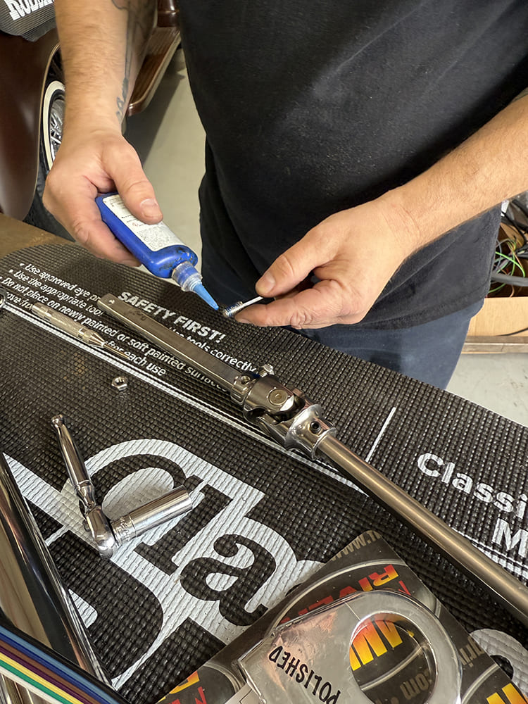 06 1948 Chevy truck applying threadlocker steering linkage bolt assembly