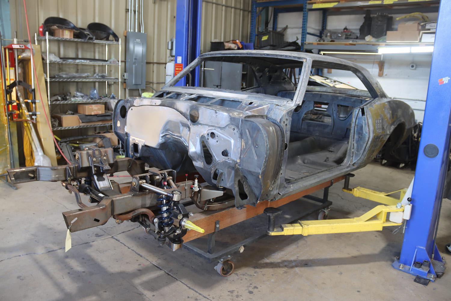 06 1967 Pontiac Firebird body reunited with chassis showing suspension mockup and firewall prep