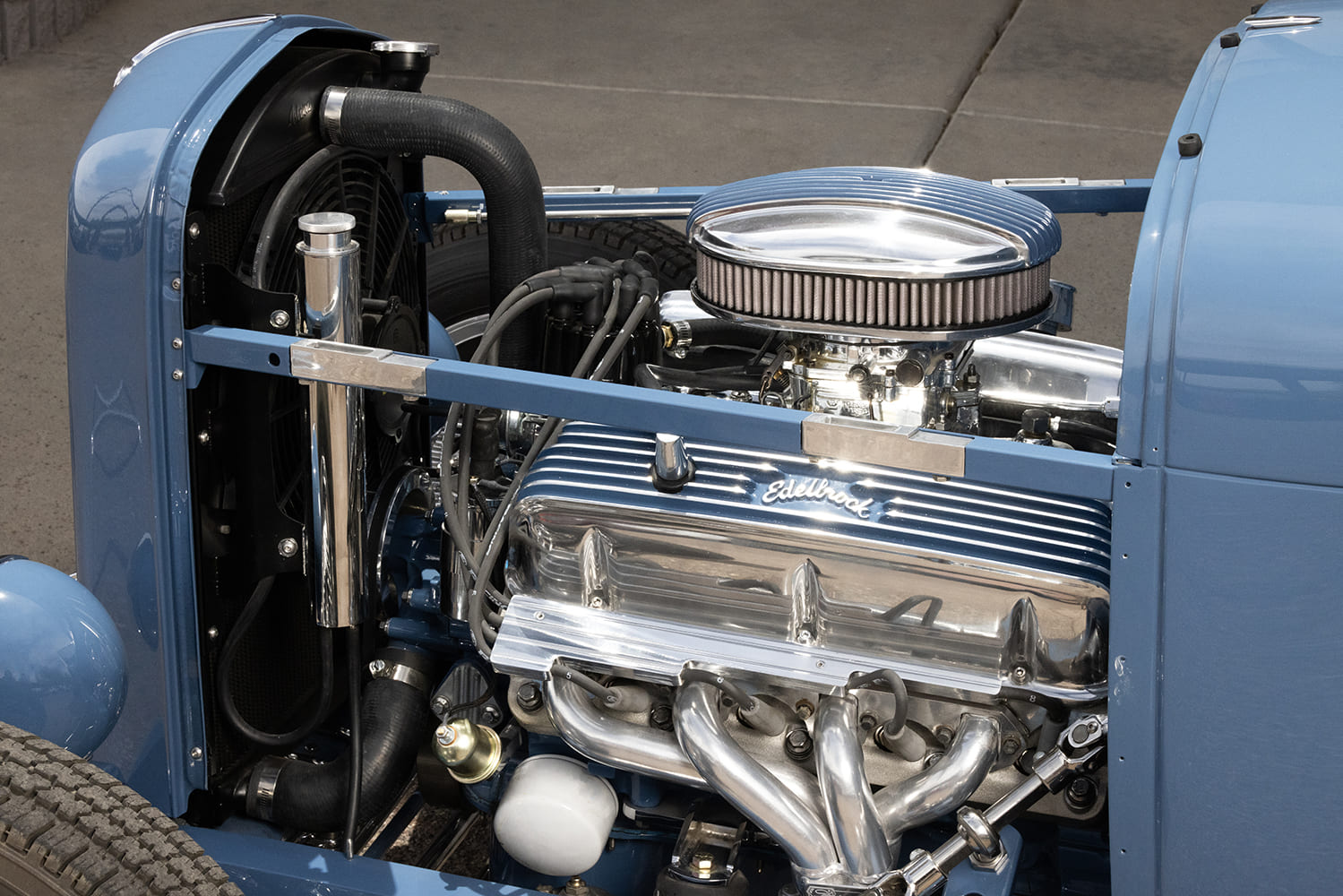 07 1929 Ford Roadster engine bay showing dual plane intake and custom polished aluminum air cleaner