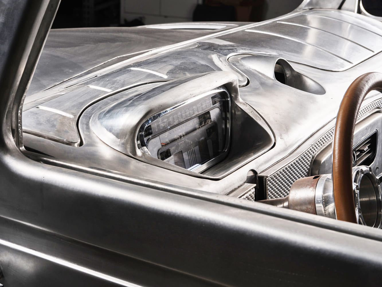 07 Divco custom interior dashboard install with integrated modern digital display and machined bezels