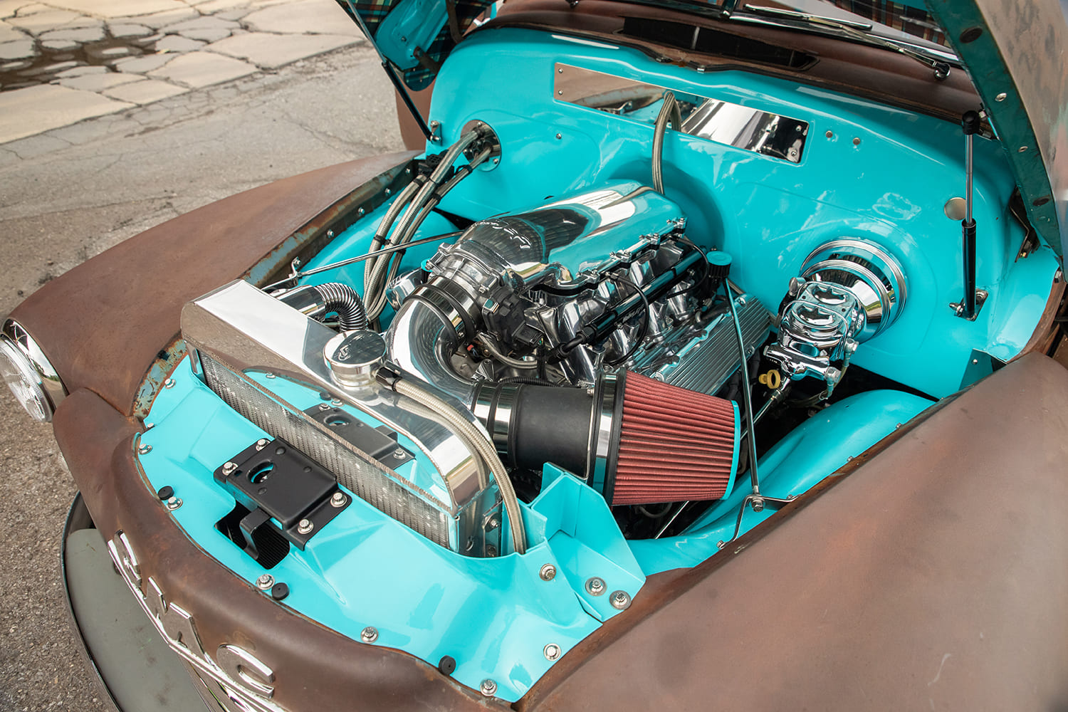 08 1948 GMC truck polished LS motor custom turquoise firewall high performance build