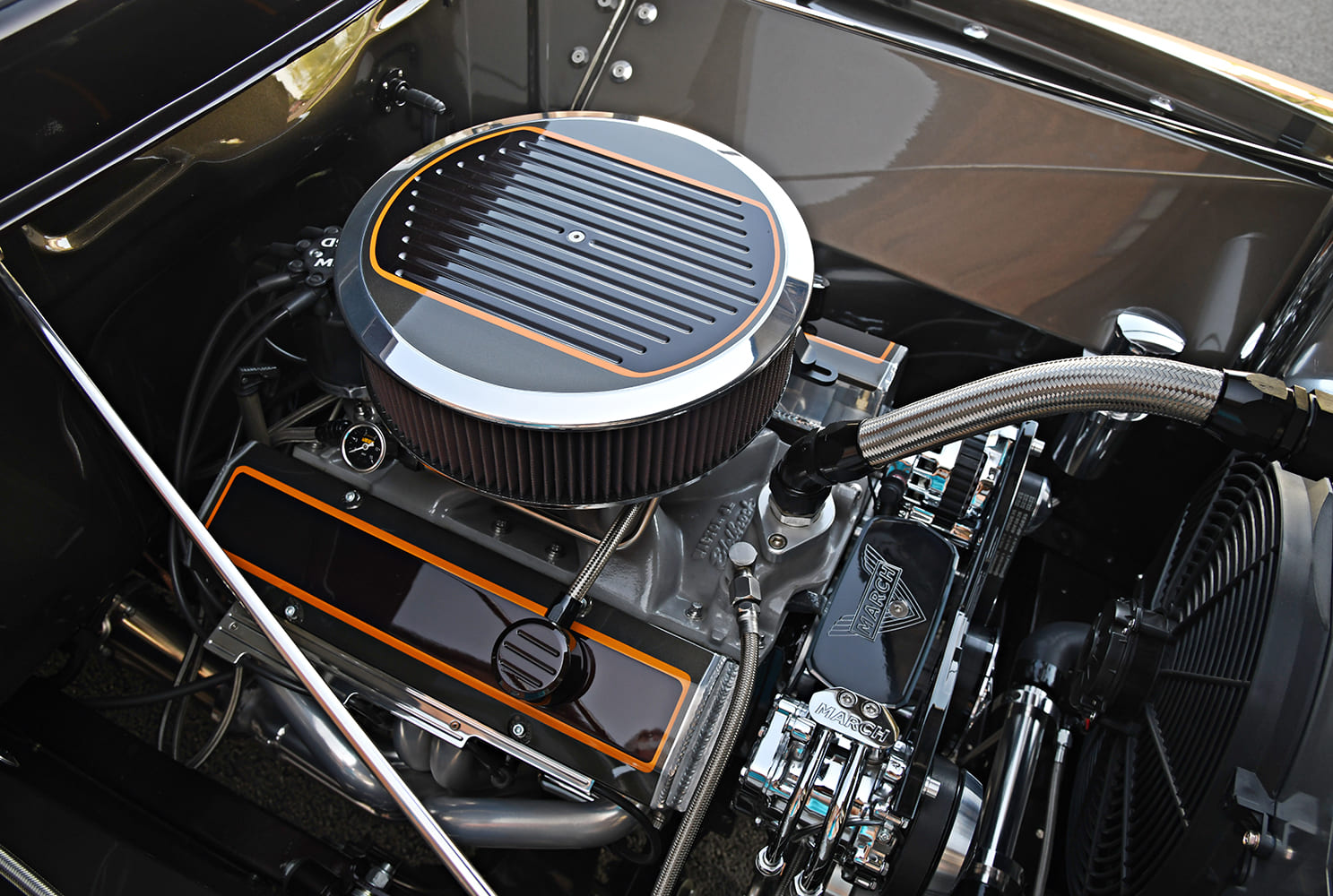 08 1955 Ford F 100 engine bay March pulley system air cleaner orange pinstripe details