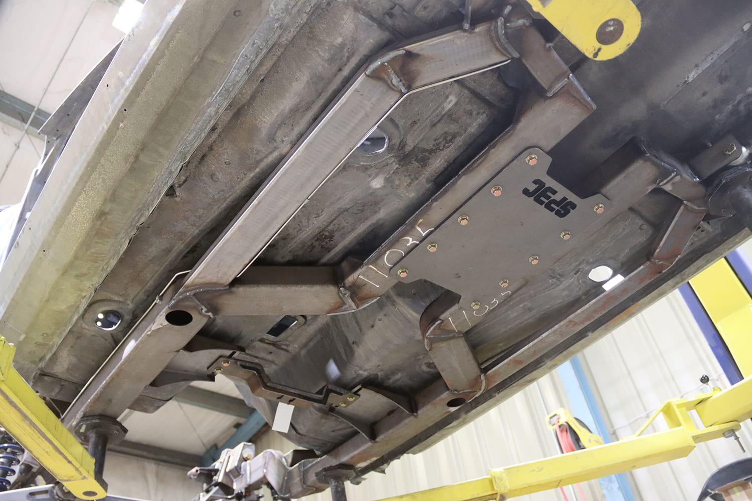 08 1967 Pontiac Firebird custom fabricated chassis with JEGS transmission crossmember and reinforced rails