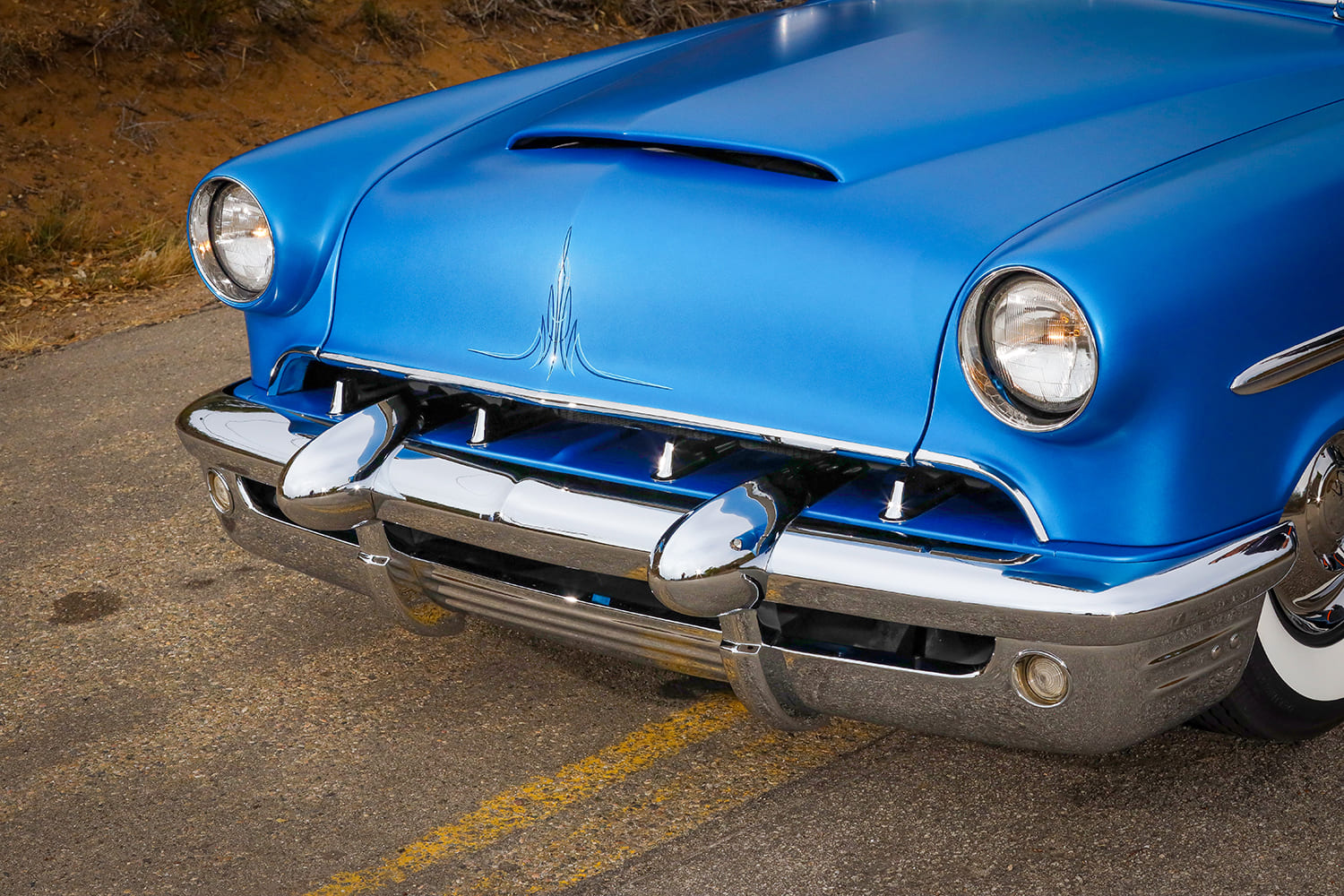09 1953 Mercury Monterey spotlight close up chrome detail reflection and custom satin blue paint