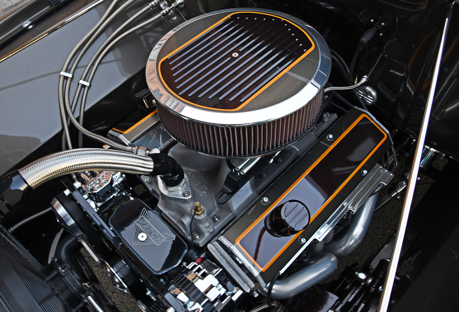 09 1955 Ford F 100 polished small block engine March serpentine kit painted valve covers