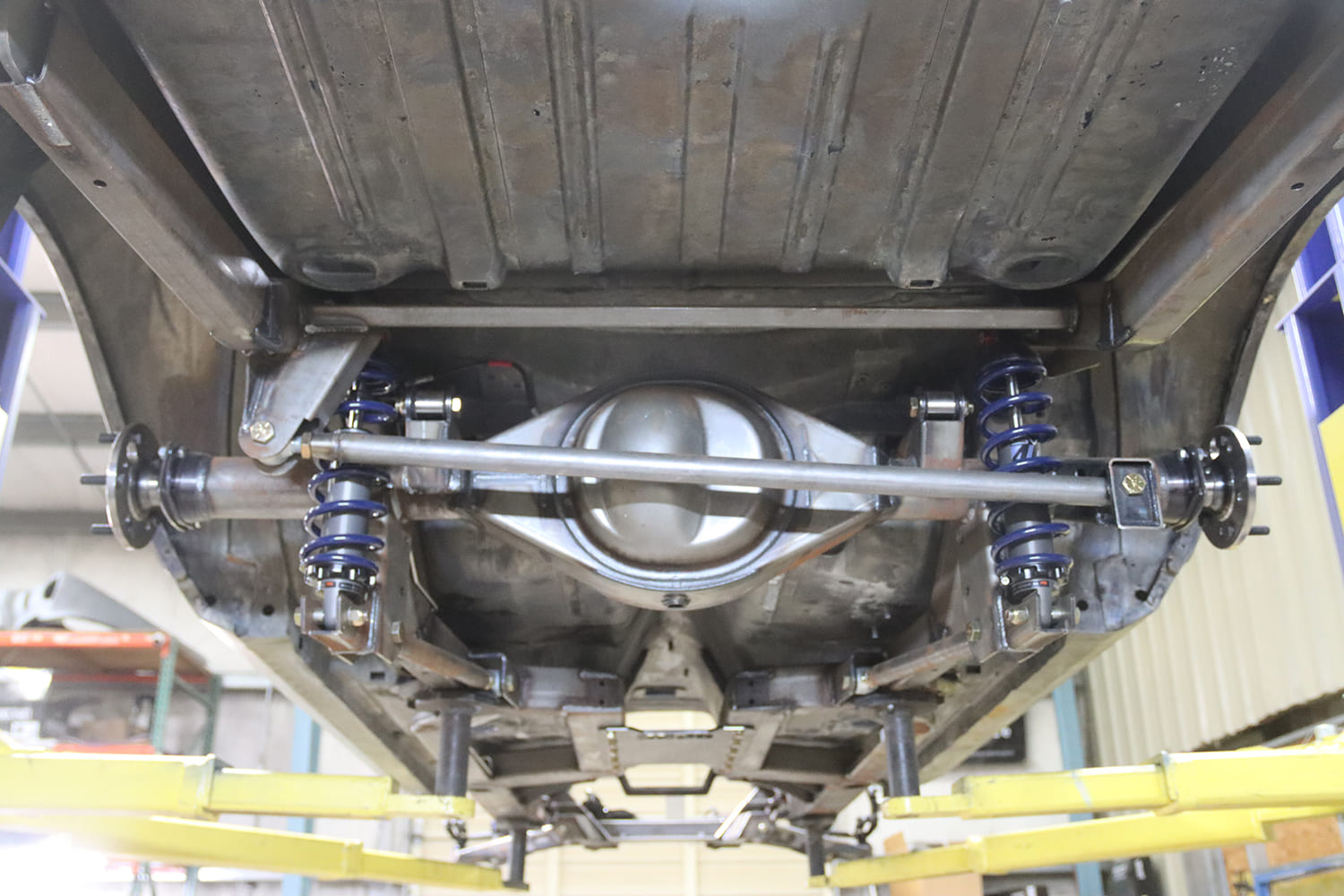 09 1967 Pontiac Firebird rear suspension with 4 link coilovers and fabricated brackets around 9 inch housing