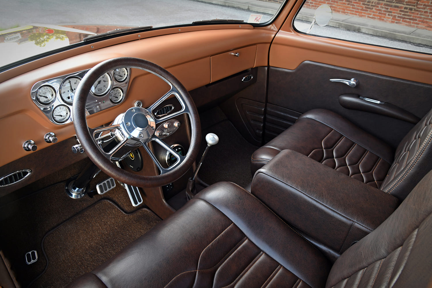 10 1955 Ford F 100 custom interior brown leather bucket seats billet wheel white gauges