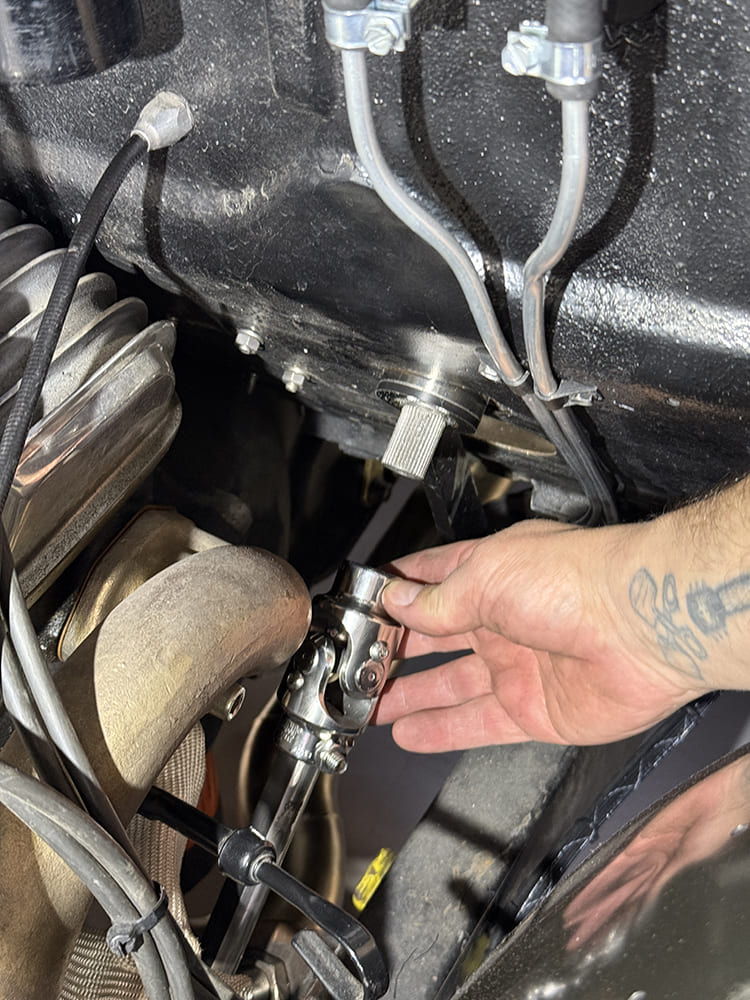 11 1948 Chevy truck steering shaft Borgeson u joint connection mocked at firewall