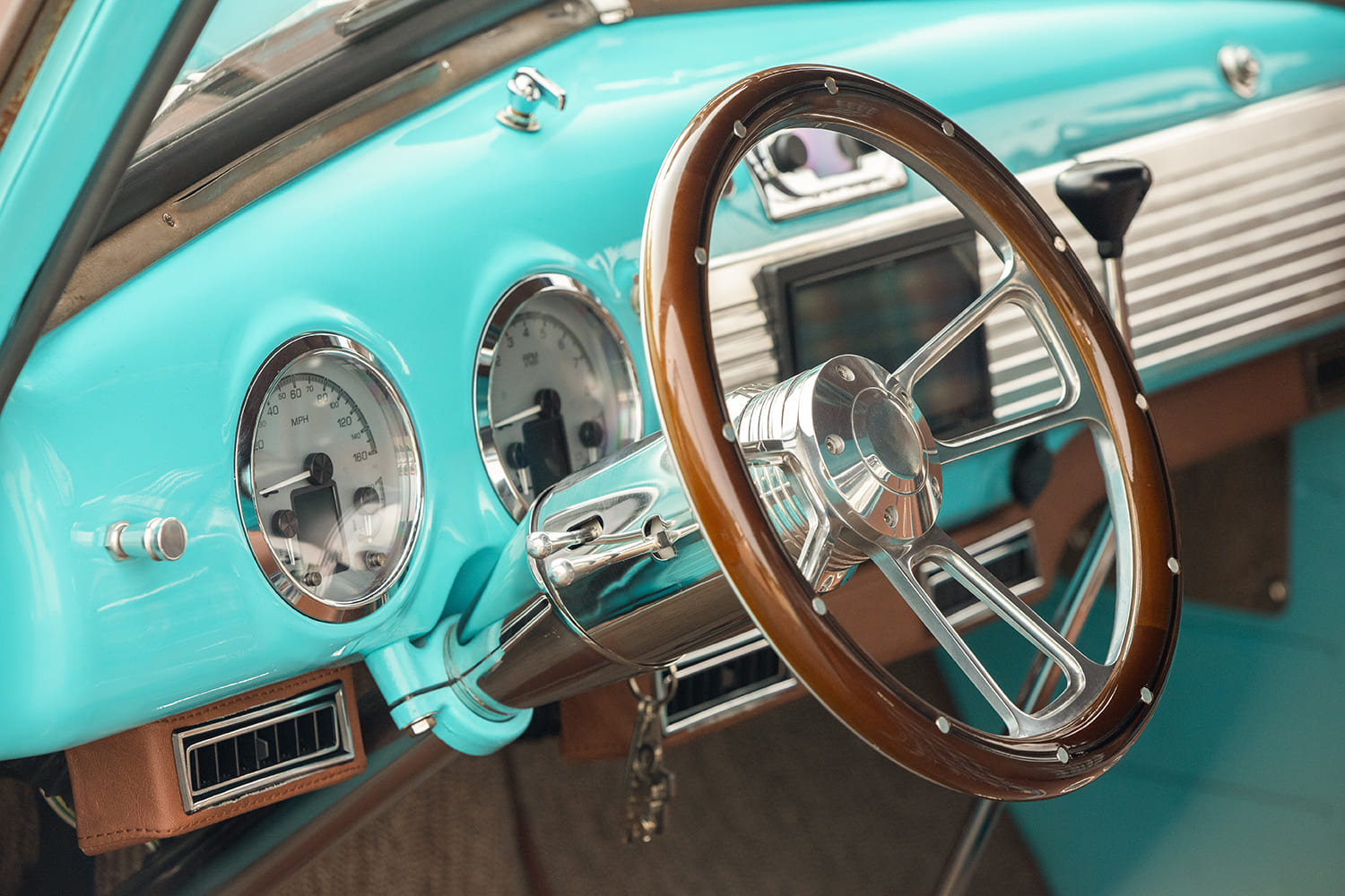 11 1948 GMC truck turquoise dash chrome steering column custom gauges retro mod