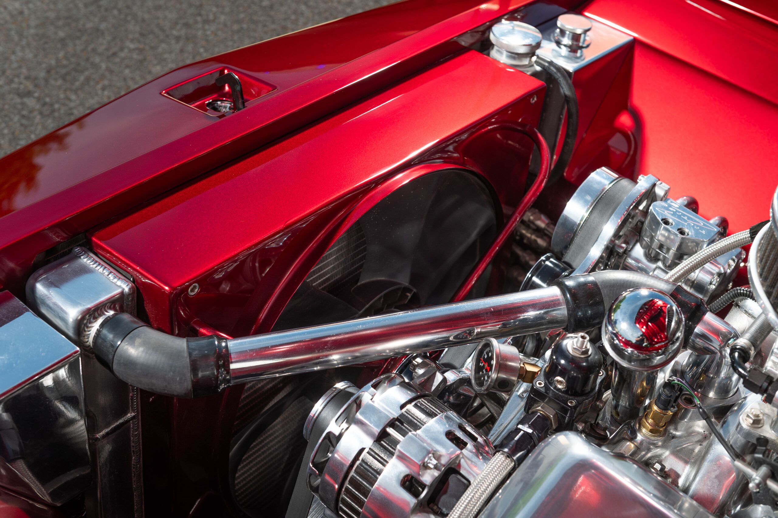 11 1962 Chevy Impala engine bay candy red radiator cover billet fan shroud braided hoses