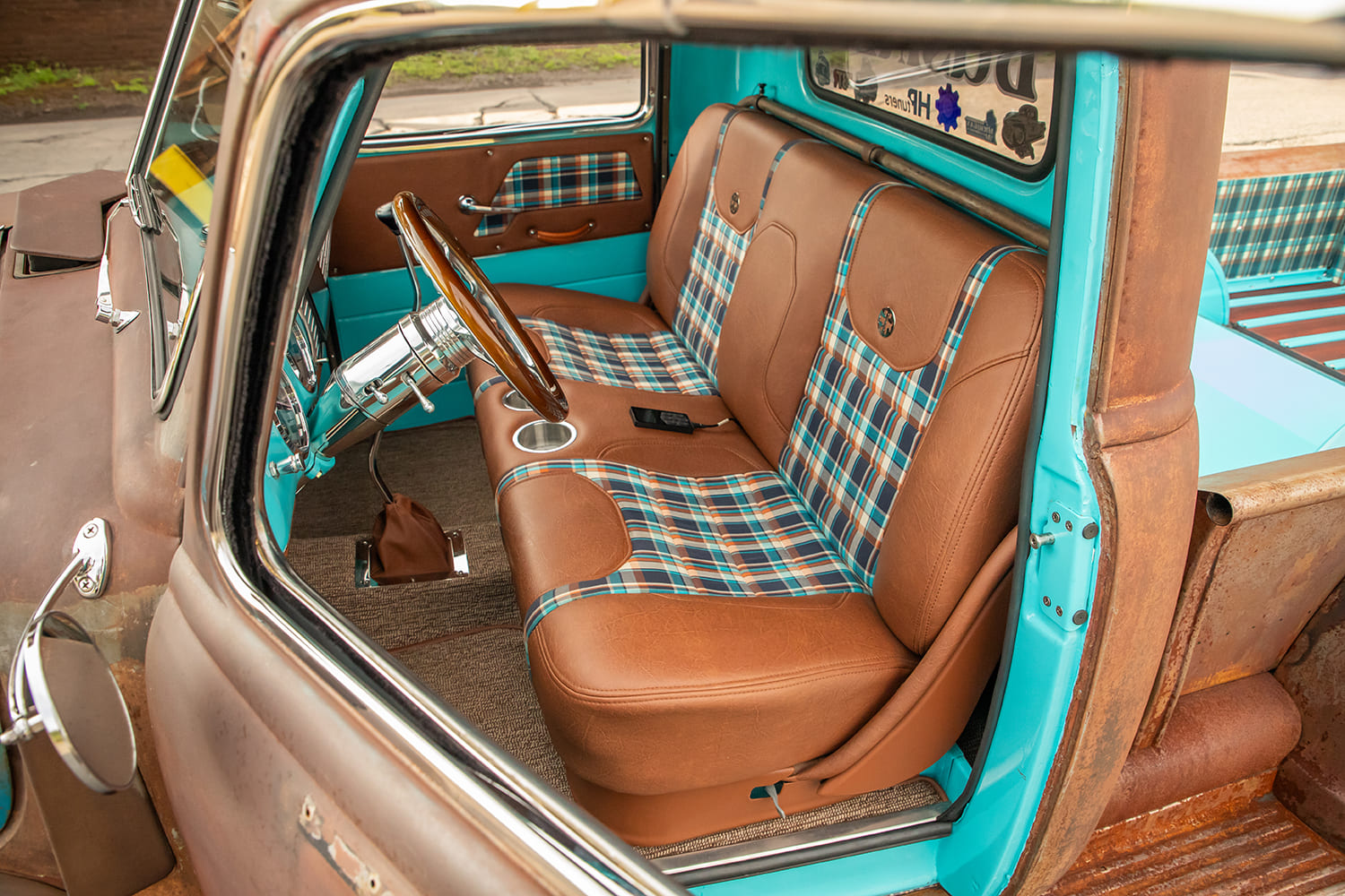 12 1948 GMC truck interior brown plaid bench seat turquoise trim vintage style
