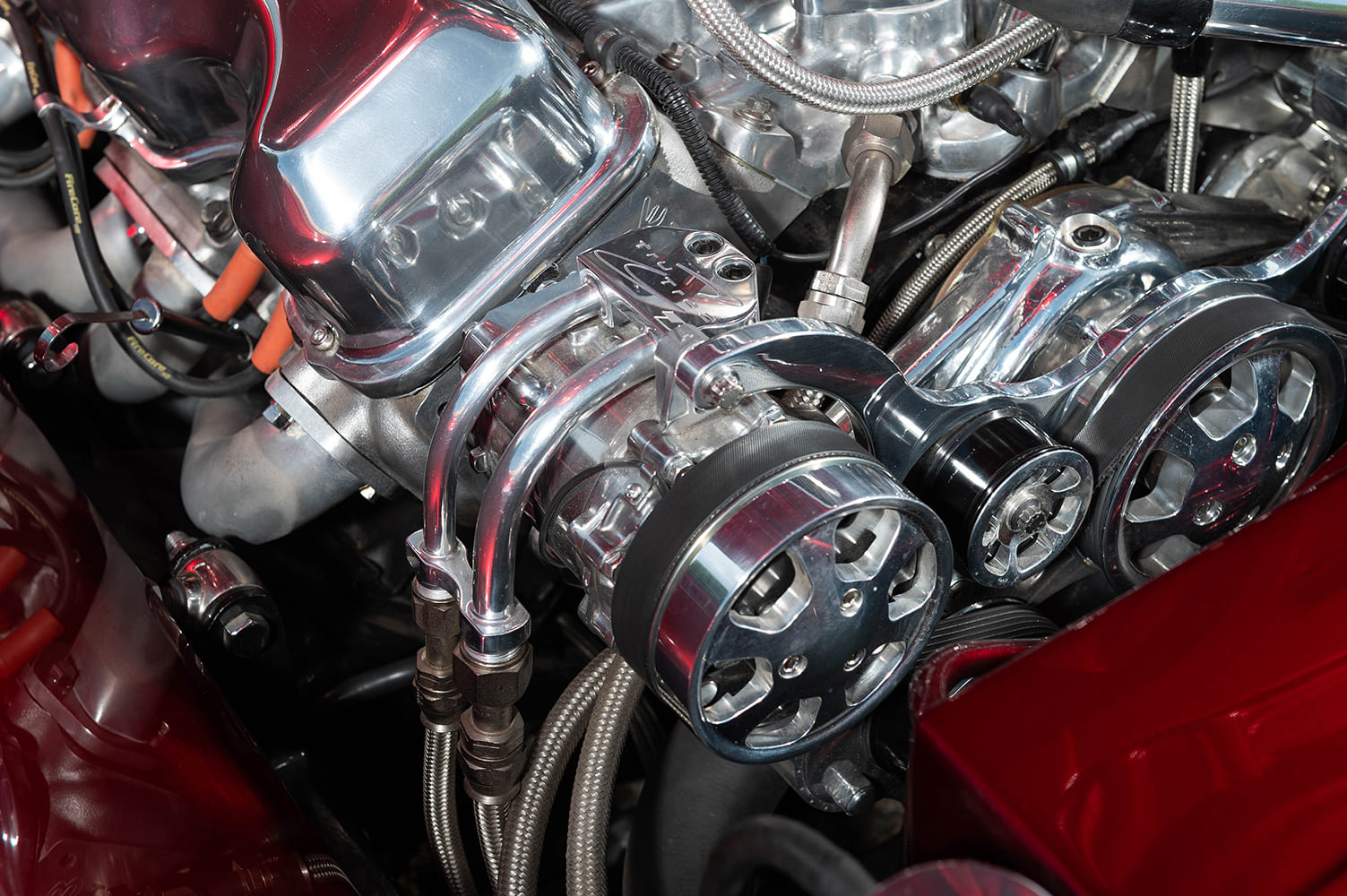 12 1962 Chevy Impala polished AC compressor serpentine drive custom aluminum pulleys