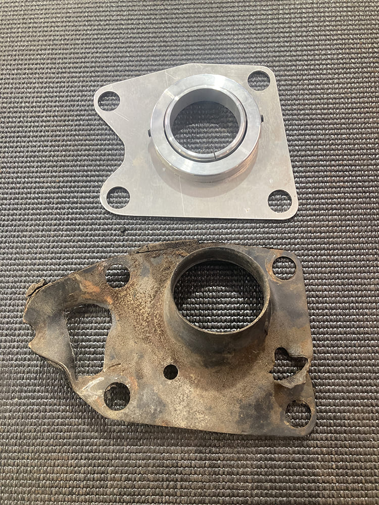 12 1964 Pontiac GTO new billet column plate vs original steel plate showing upgrade in finish and precision