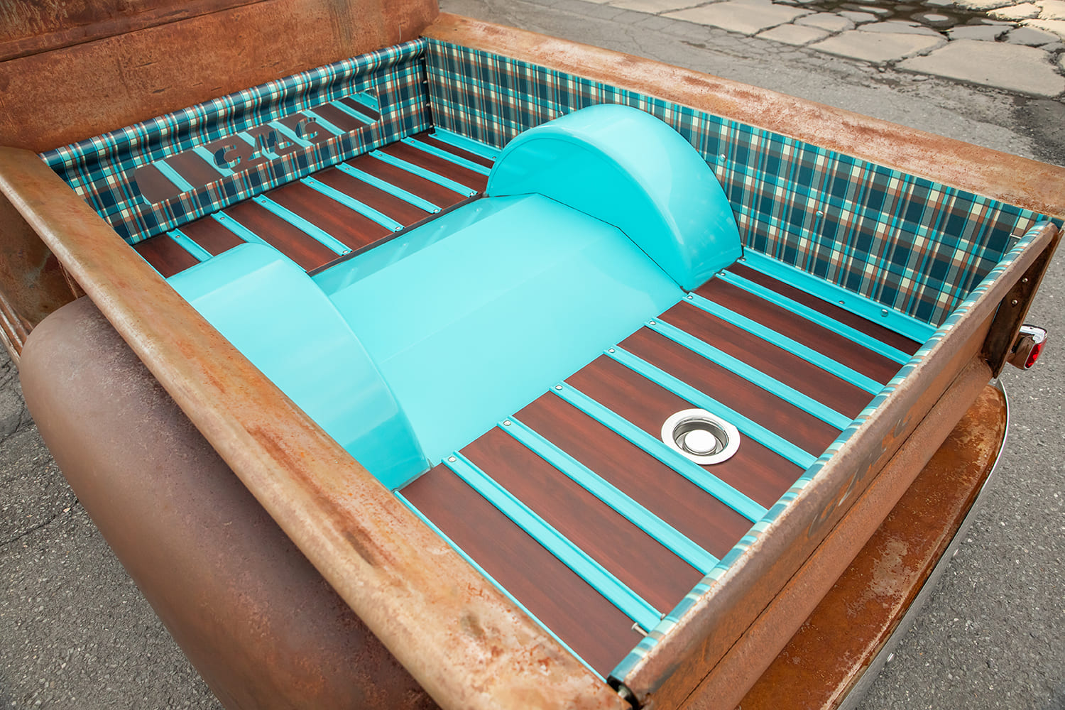 13 1948 GMC truck custom bed turquoise wood slats plaid insert mini tubbed