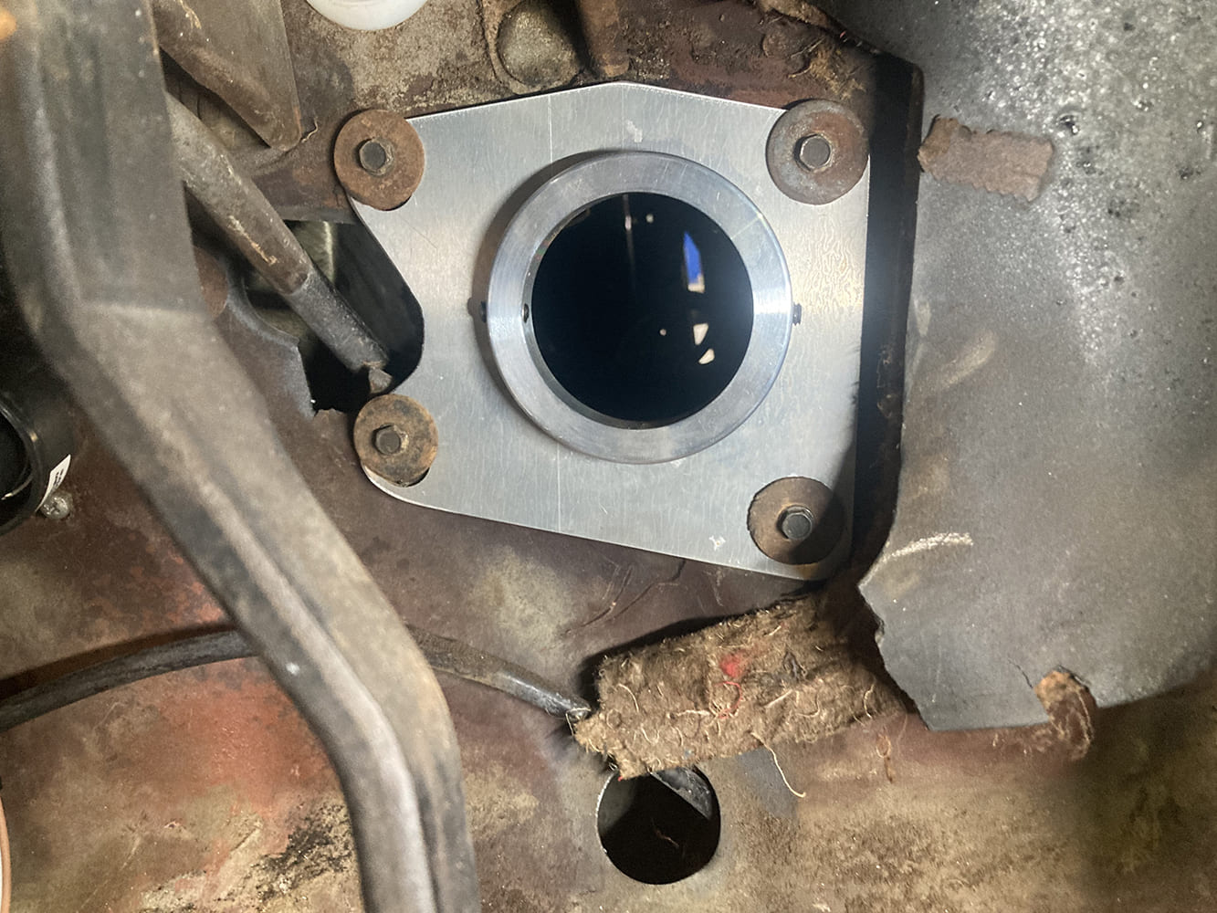 13 1964 Pontiac GTO billet firewall plate installed clean fitment replacing damaged factory mount