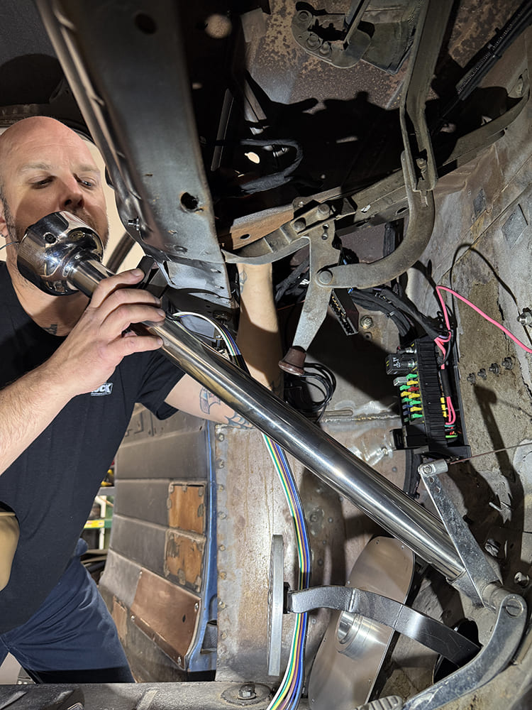 14 1948 Chevy truck routing new column through firewall wiring and bracket mockup