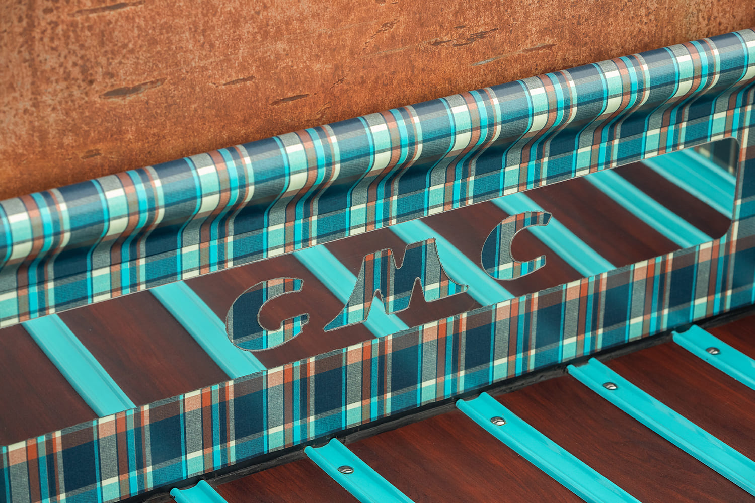 14 1948 GMC truck bed detail plaid GMC cutout turquoise and wood accents