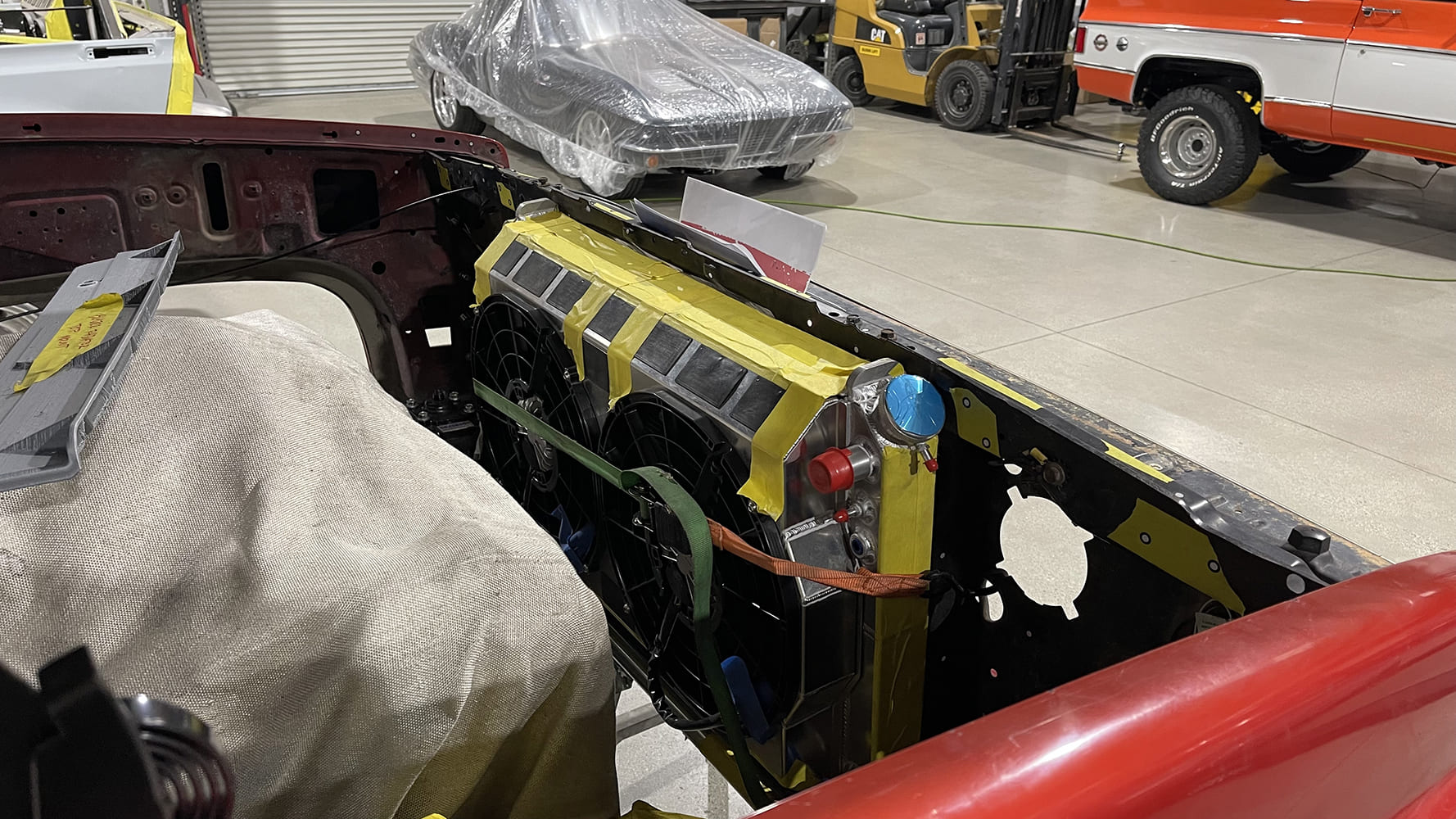 14 1985 chevy squarebody aluminum radiator with dual fans test fit in front core support