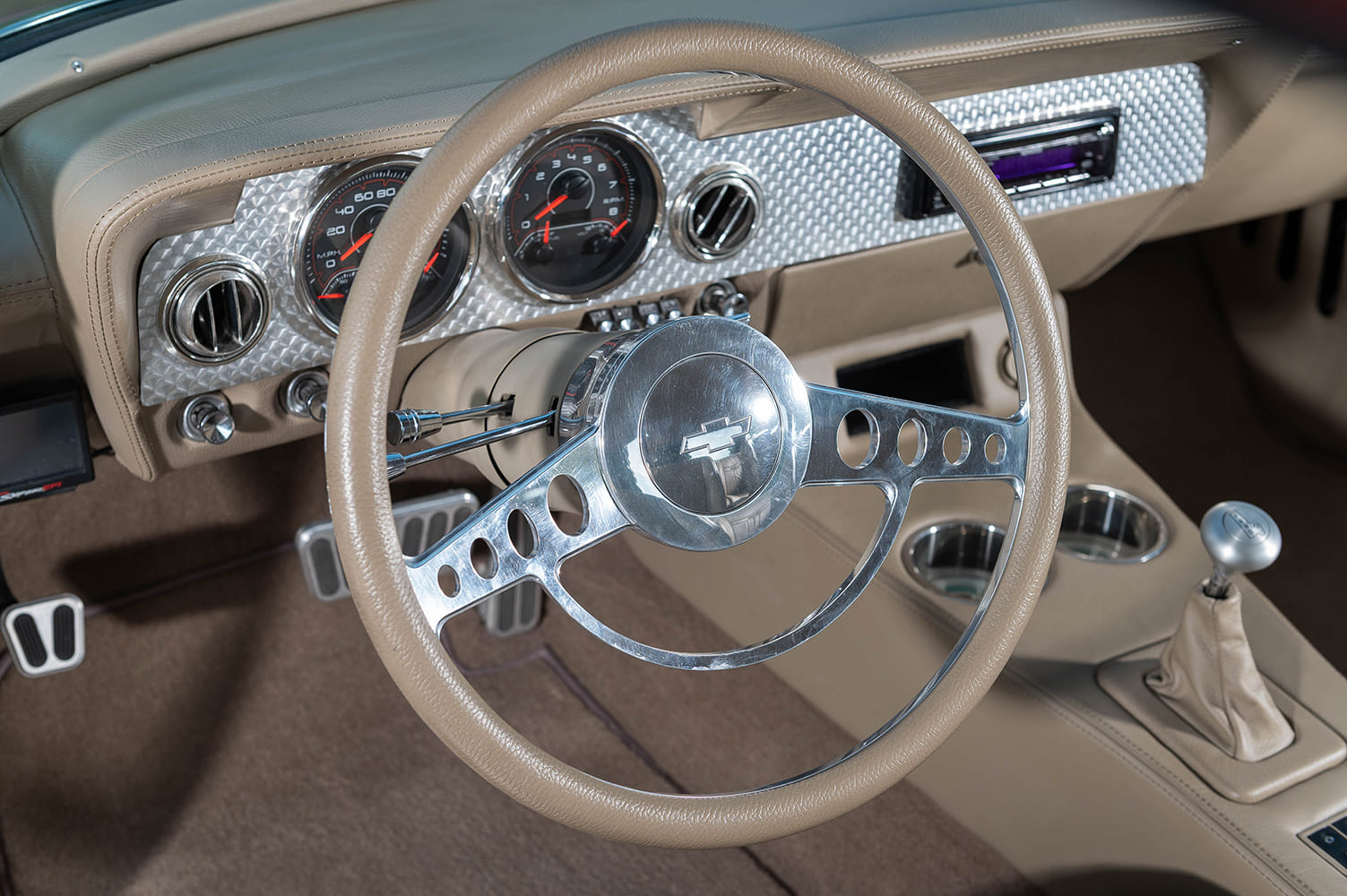 15 1962 Chevy Impala billet steering wheel Chevy logo engine turned dash tan wrap