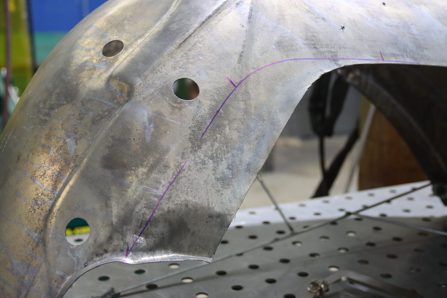 16 1967 Firebird tub edge marked for trimming with purple Sharpie prepped for patch panel fitment