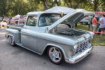 17 Custom silver gray Chevrolet pickup hood open performance engine with intake stacks