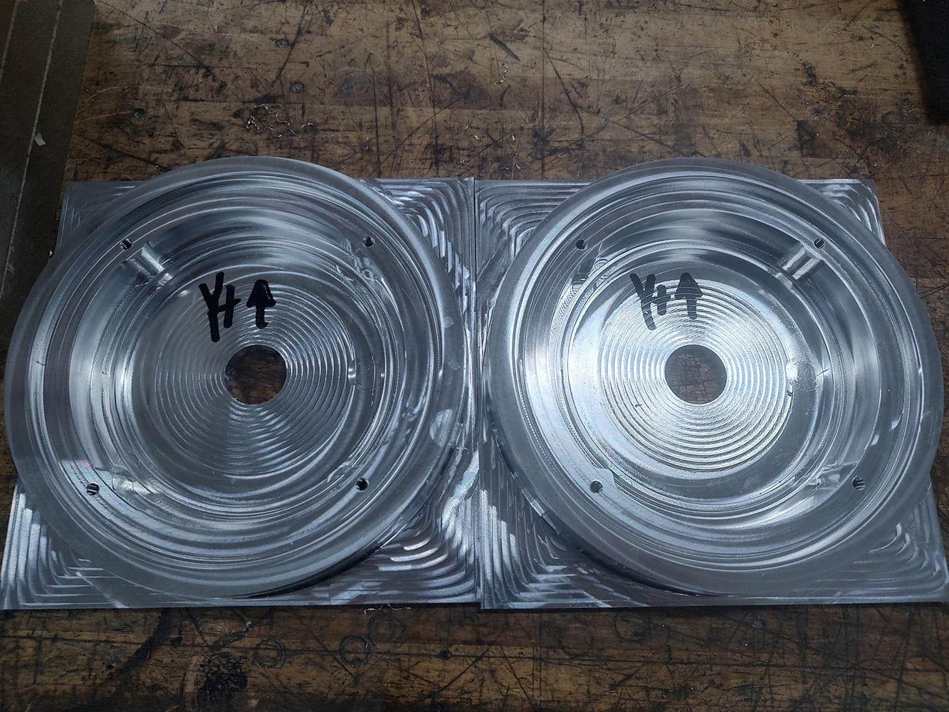 17 Divco machined aluminum mold halves for custom headlight lens with concentric machining lines